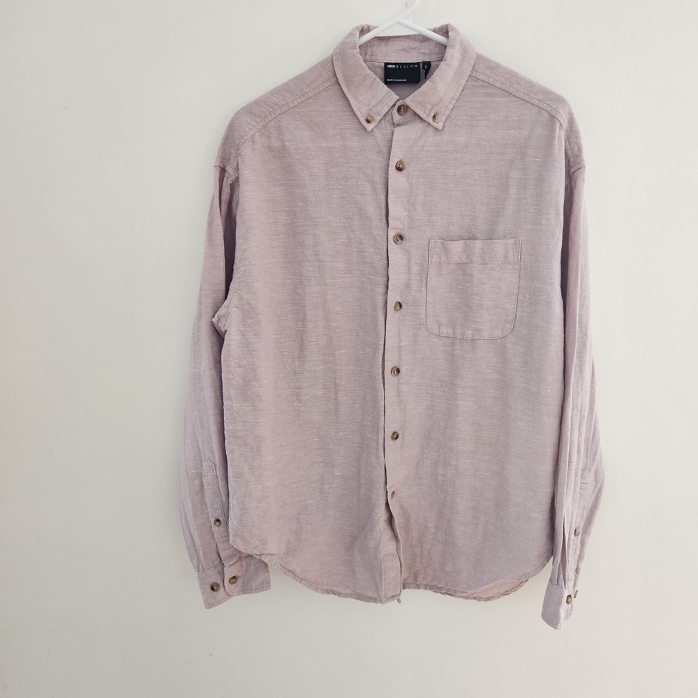 Asos Design Men Oversized Linen Shirt XS Neutral Blush Pink Button Up Long Sleev